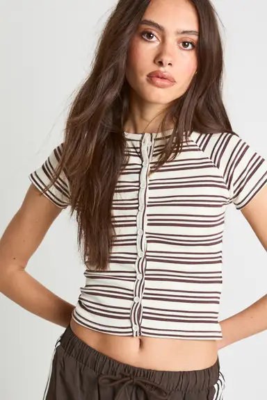 Stripe Rib Button Through Short Sleeve Top