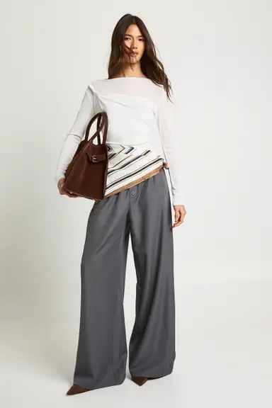 Button Detail Tailored Wide Leg Trousers