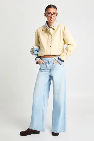 High Waist Crossover Waistband Wide Leg Jean